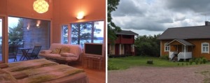 The room at Meriharakka (left) and the houses at Haukka farm (right). © Meriharakka Henttula